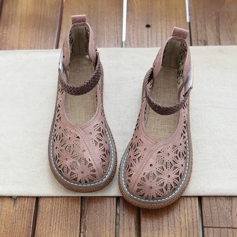 Women's Mori Style Flat Sandals – Openwork Pattern Single Strap with Ankle Velcro