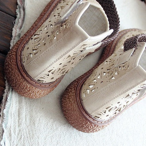 Women's Mori Style Flat Sandals – Openwork Pattern Single Strap with Ankle Velcro