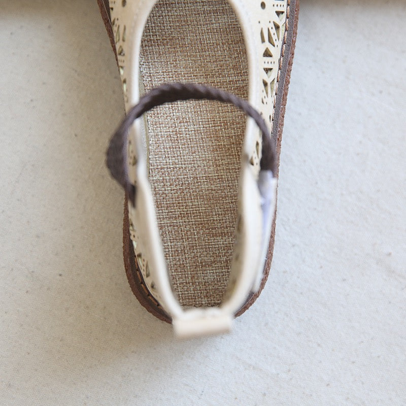 Women's Mori Style Flat Sandals – Openwork Pattern Single Strap with Ankle Velcro