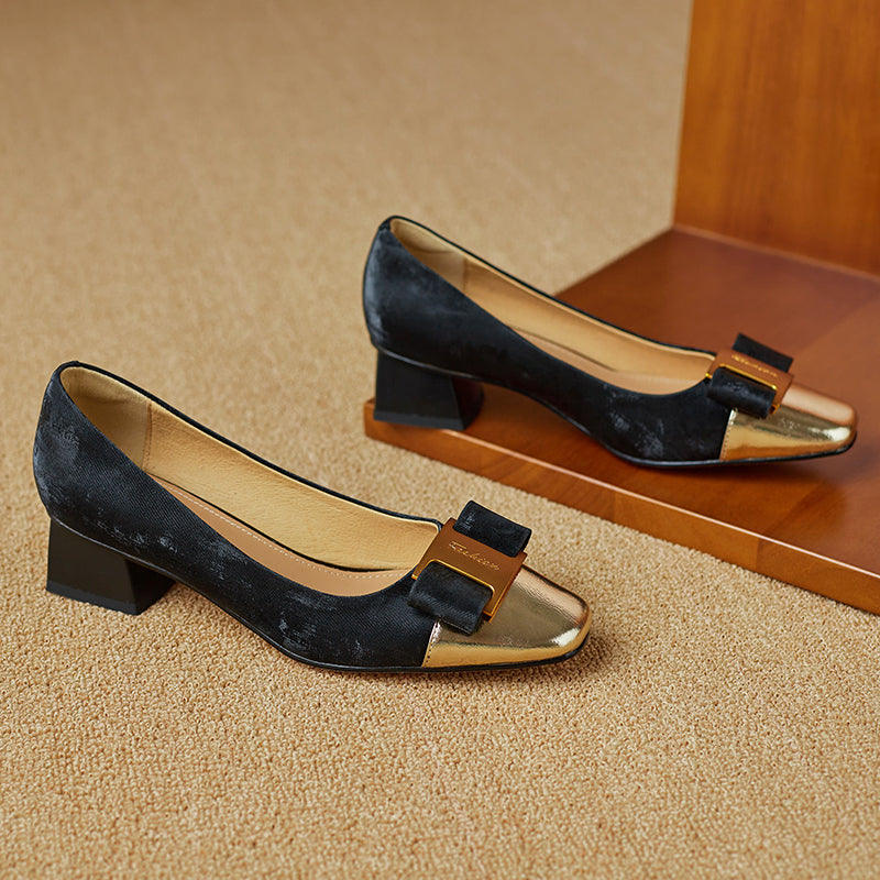 Women's Low Heel Silk Cowhide Patchwork Bowknot Pumps - RetroStep