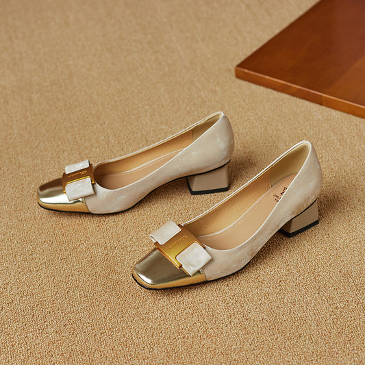 Women's Low Heel Silk Cowhide Patchwork Bowknot Pumps - RetroStep