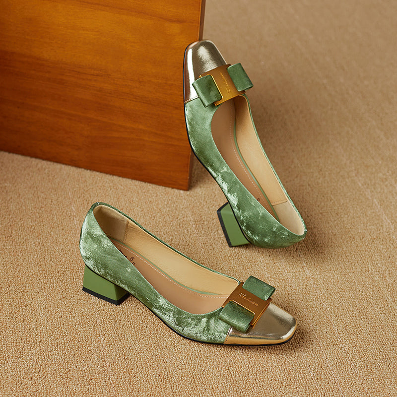 Women's Low Heel Silk Cowhide Patchwork Bowknot Pumps - RetroStep