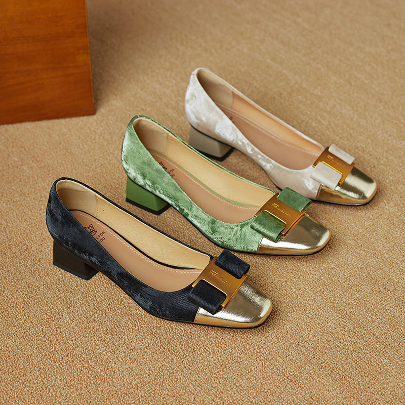 Women's Low Heel Silk Cowhide Patchwork Bowknot Pumps - RetroStep