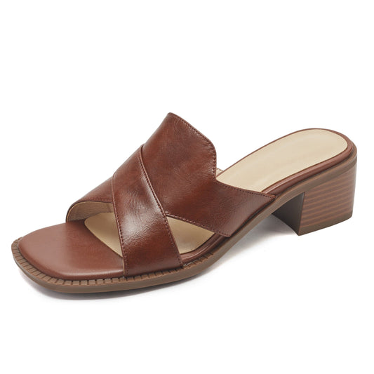 Womens Summer Crossover-Strap Square-Toe Block-Heel Mules Sandals