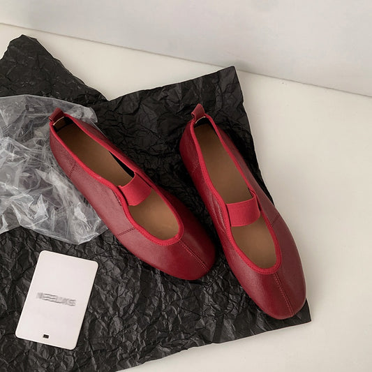 Women's Handmade Leather Vintage Ballet Flat Elastic Mary Jane