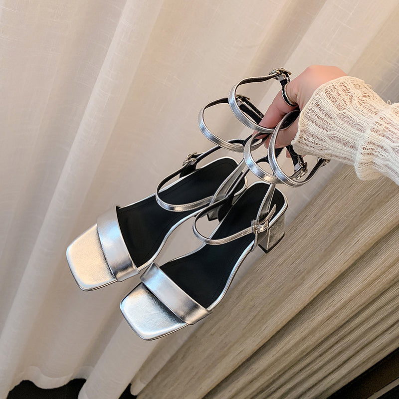Womens Open Toe Ankle Strap Sandals with Mid Block Heel