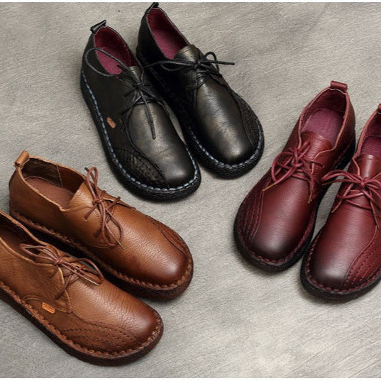 Women Handmade Oxfords Leather Comfortable Flat Lace-up Shoes