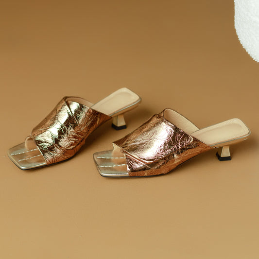 Women's Sheepskin Open Toe Mid Heel Summer Sandals