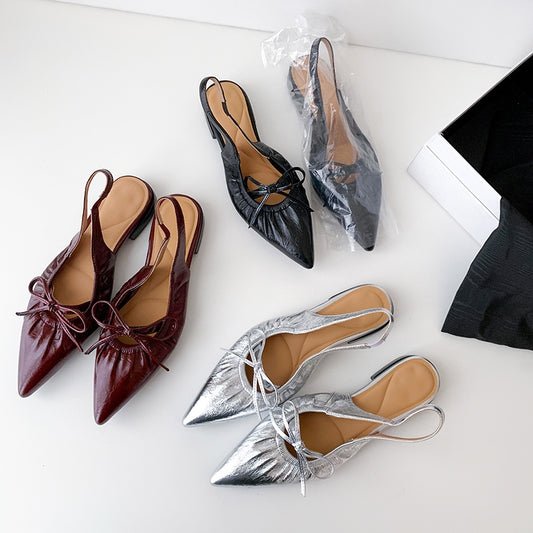 Women's Leather Pointed Toe Bowknot Low Heel Slingback Sandals