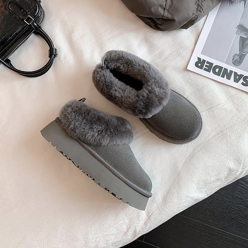 Women's Genuine Leather Platform Fleece-lined Winter Warm Snow Mules