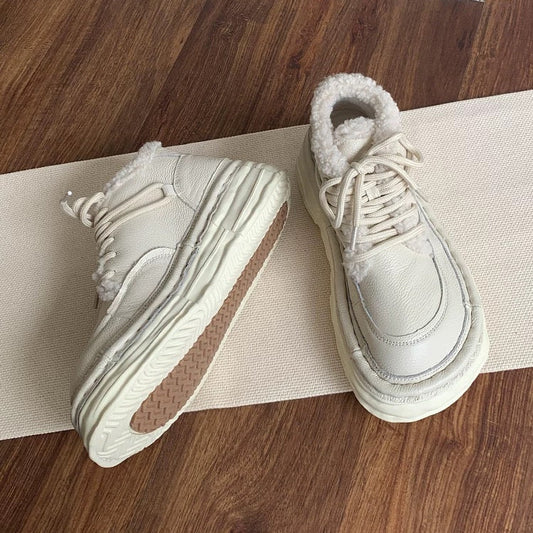 Women's Winter Chunky Leather Lace-Up Shoes – Fleece-Lined & Ugly-Cute Design