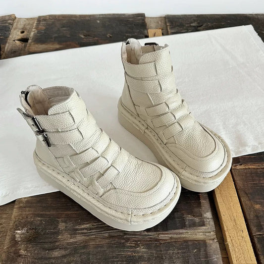 Women's Leather Chunky Ankle Boots – Woven Detail, Cut-Outs & Buckle, Ugly-Cute Style