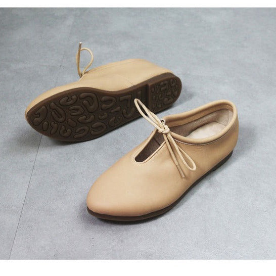 Women's Genuine Leather Lace-Up Flats – British Style Comfortable Shoes