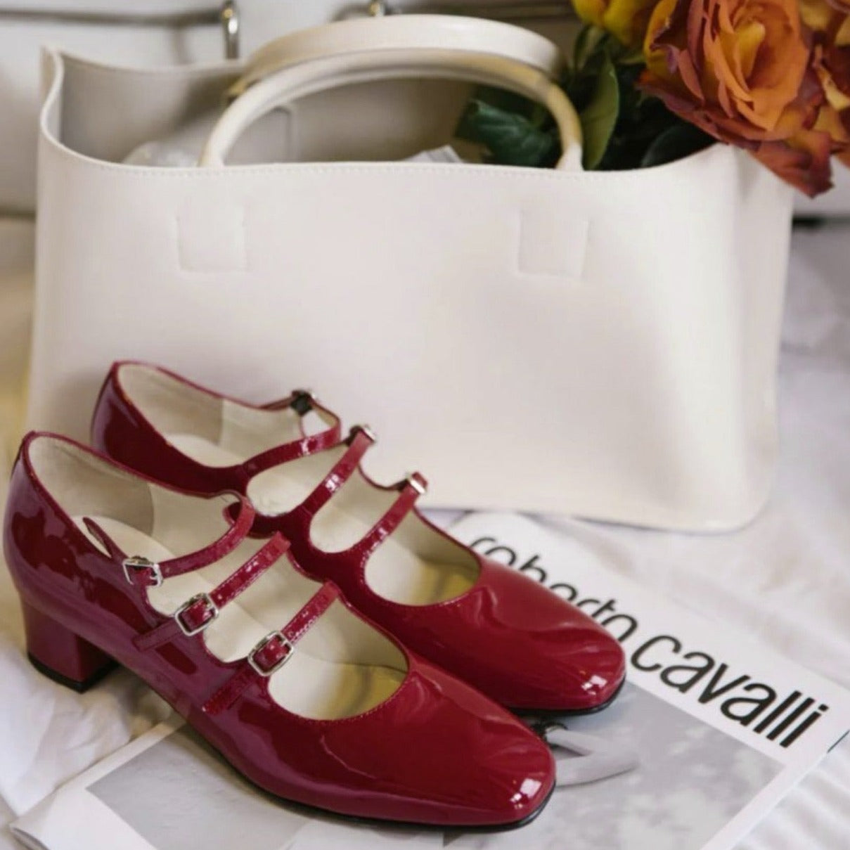 Womens Leather Mary Jane Heels Triple-strap Ballerina Shoes