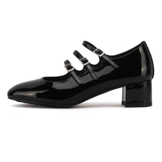Womens Leather Mary Jane Heels Triple-strap Ballerina Shoes