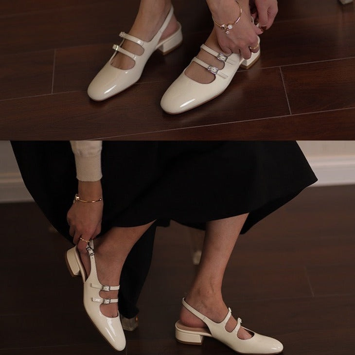 Elegant Leather Mary Jane Low Heel Sandals – Slingback Summer Shoes for Women