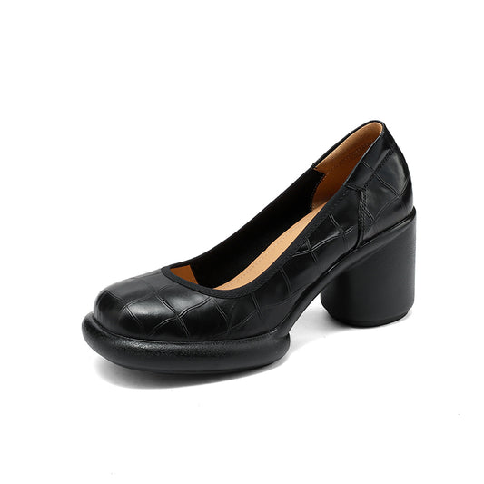 Women's Leather Platform Pumps - Lightweight Chunky High Heel