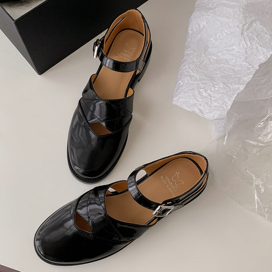 Women's Handmade Genuine Leather Buckle Hollow out Mary Jane Flats