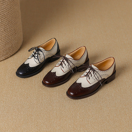 Retro Women's Color-Block Brogue Oxford Lace-Up Shoes – Elegant Design