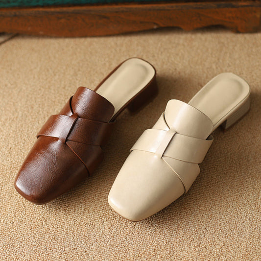 Womens Square Toe Solid Color Vintage Low Heel Mules Shoes - RetroStep