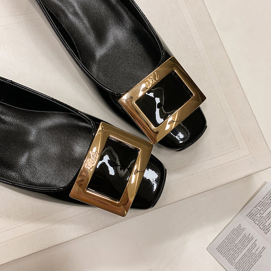 Women's Classic Patent Leather Square Metal Buckle Embellished Heels Pumps