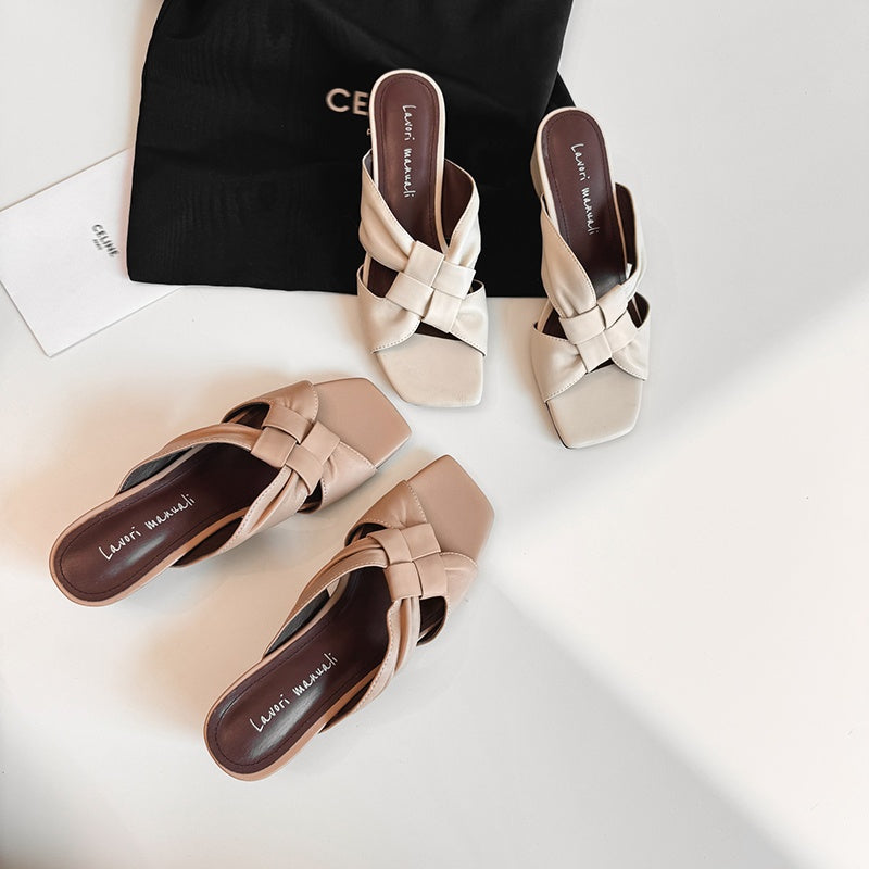 Women's Lambskin Woven Mules Handcrafted Summer Slip-Ons - Block Heel