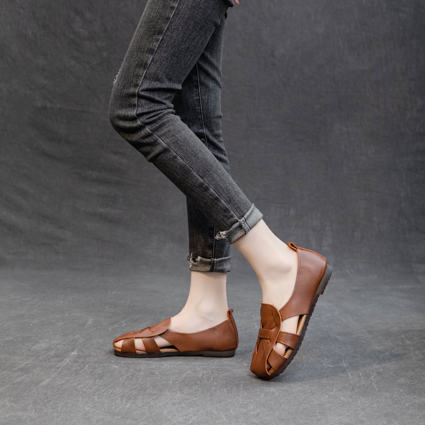 Women's Leather Summer Woven Hollow Out Flat Breathable Sandals