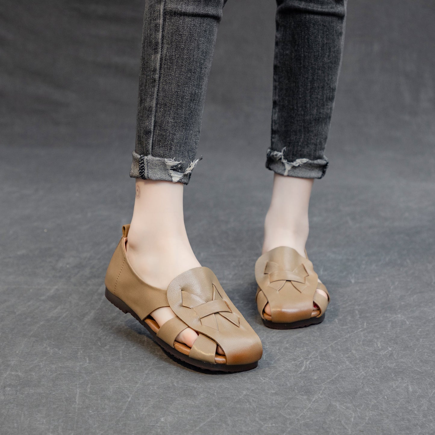 Women's Leather Summer Woven Hollow Out Flat Breathable Sandals