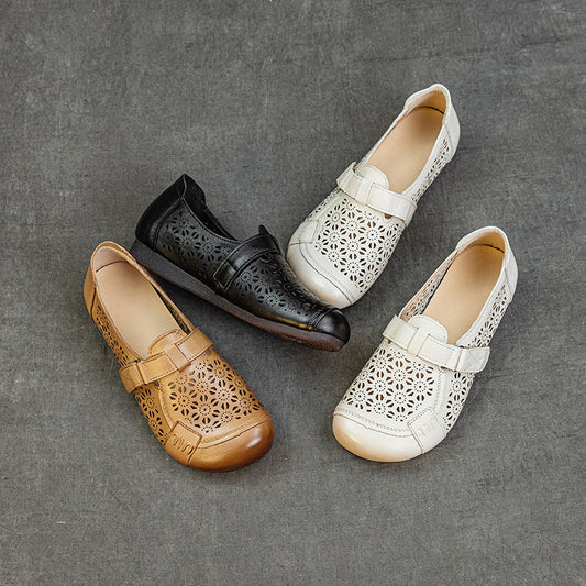 Women's Summer Leather Hollow Out Breathable Slip On Flat Sandals