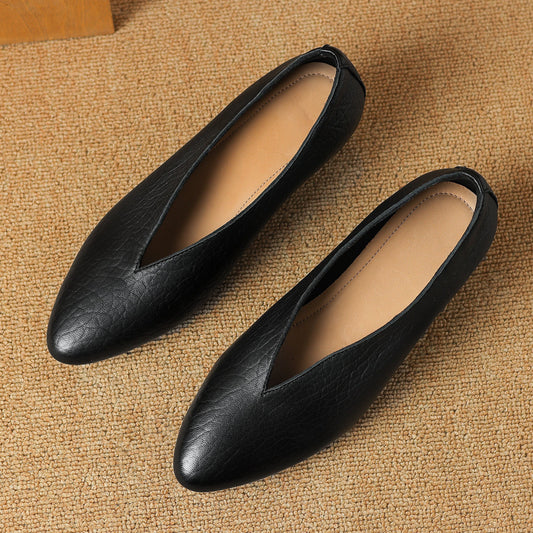 Women's Handmade Leather Pointed Toe Deep V-cutout Slip-On Wedge