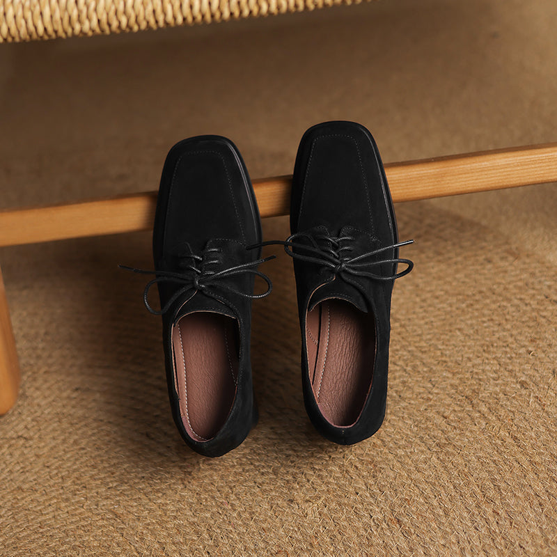 Women‘s Retro Suede Oxfords Vintage Square Toe Lace-up Block Heel Pumps