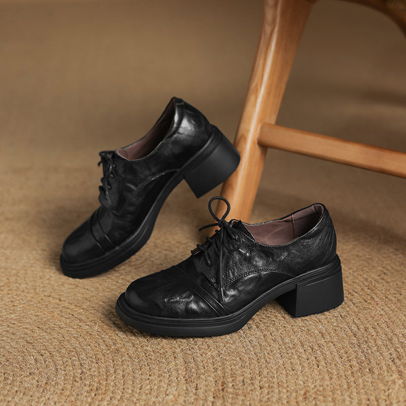 Women's Retro Sheepskin Oxfords Vintage Square Toe Lace-up Block Heel Pumps