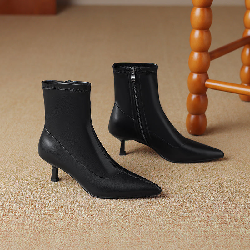 Women's Pointed Toe Stretch Leather Ankle Boots Mid Kitten Heel Sock Boots