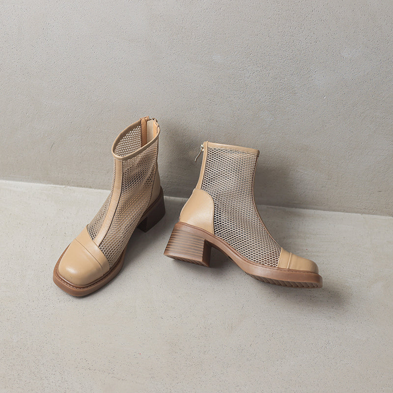 Women's Summer Square Toe Leather Platform Chunky Heeled Mesh Boots