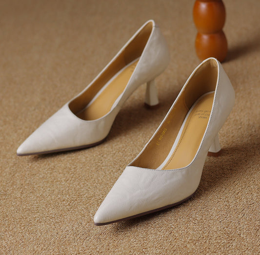 Women's Handmade Sheepskin Pointed Toe Kitten Heel Pumps