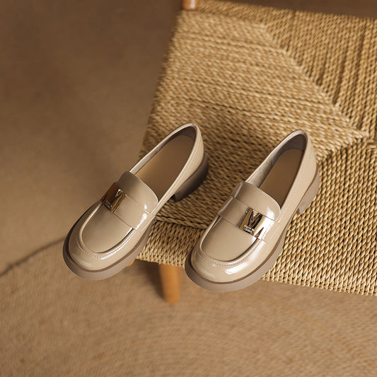 Women's Leather Classic Metal Decoration Block Heel Mid Heel Loafers