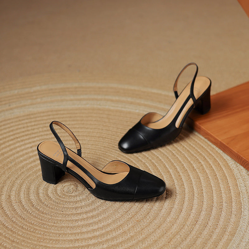Women's Minimalist Genuine Leather Block Heels - Sophisticated Side-Cutout Slingbacks