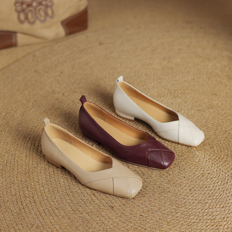 Handmade Customized Leather Square Toe Comfortable Ballet Flats Women's Shoes