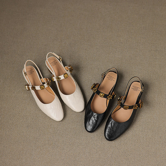 Women's Handmade Leather Vintage Flower Buckle Embellished Closed Toe Sandals