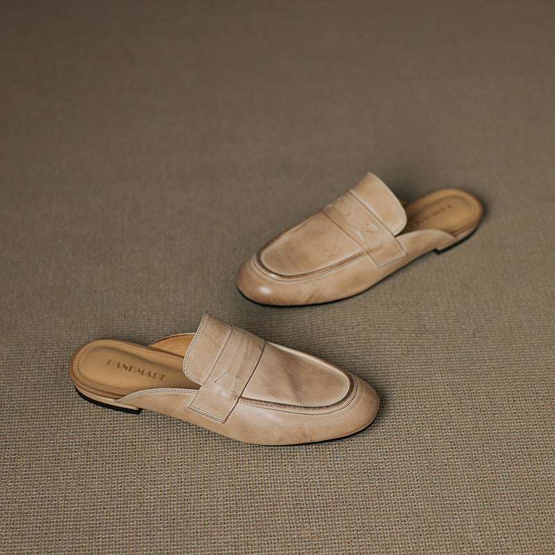 Women's Leather Loafer Mules Handcrafted Summer Classic Round Toe Comfort Flats