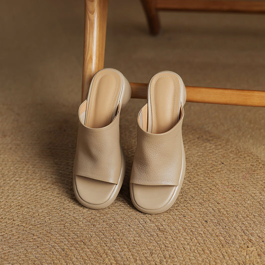 Women's Handmade Soft Sheepskin Summer Heeled Mule Slippers