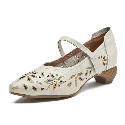 Women's Leather Pointed Toe Low Heel Petal Shape Hollow Out Mary Jane Sandals