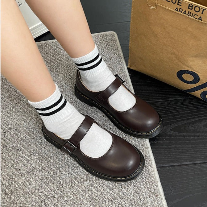 Women's Dark Brown Retro Mary Jane Leather Flats – Old-Fashioned School Shoes