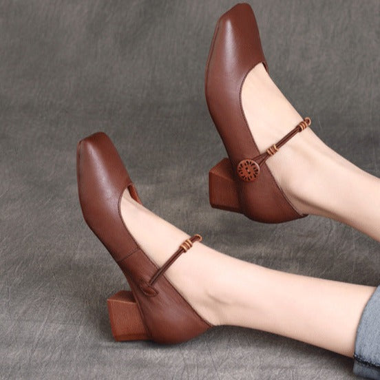 Womens Low Heels Square Toe Cowhide Leather Chunky Heeled Pumps