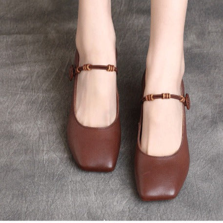 Womens Low Heels Square Toe Cowhide Leather Chunky Heeled Pumps