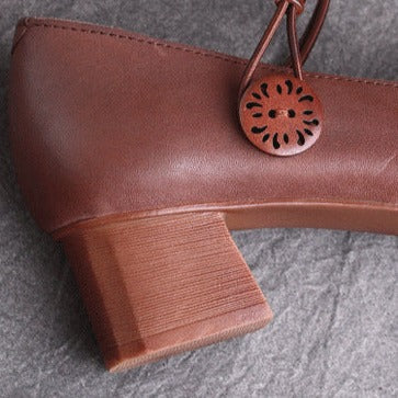 Womens Low Heels Square Toe Cowhide Leather Chunky Heeled Pumps