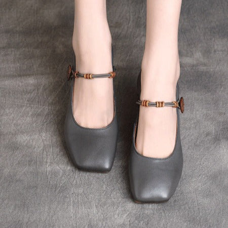 Womens Low Heels Square Toe Cowhide Leather Chunky Heeled Pumps