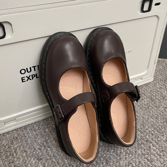 Women's Dark Brown Retro Mary Jane Leather Flats – Old-Fashioned School Shoes
