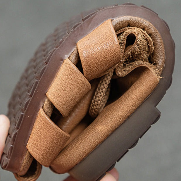 Women's Leather Woven Casual Lace-Up Flat Comfort Sandals
