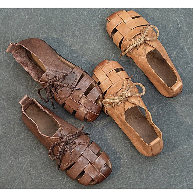 Women's Leather Woven Casual Lace-Up Flat Comfort Sandals